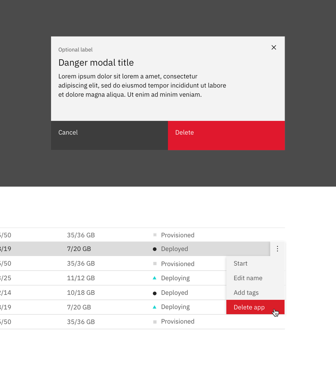 Example of delete in a Modal and Overflow Menu